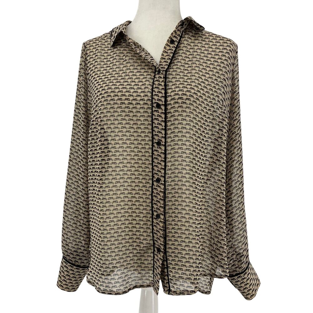 Pleione Beige Elephant Print Collared Button Front Sheer Chiffon Blouse Size‎ L
